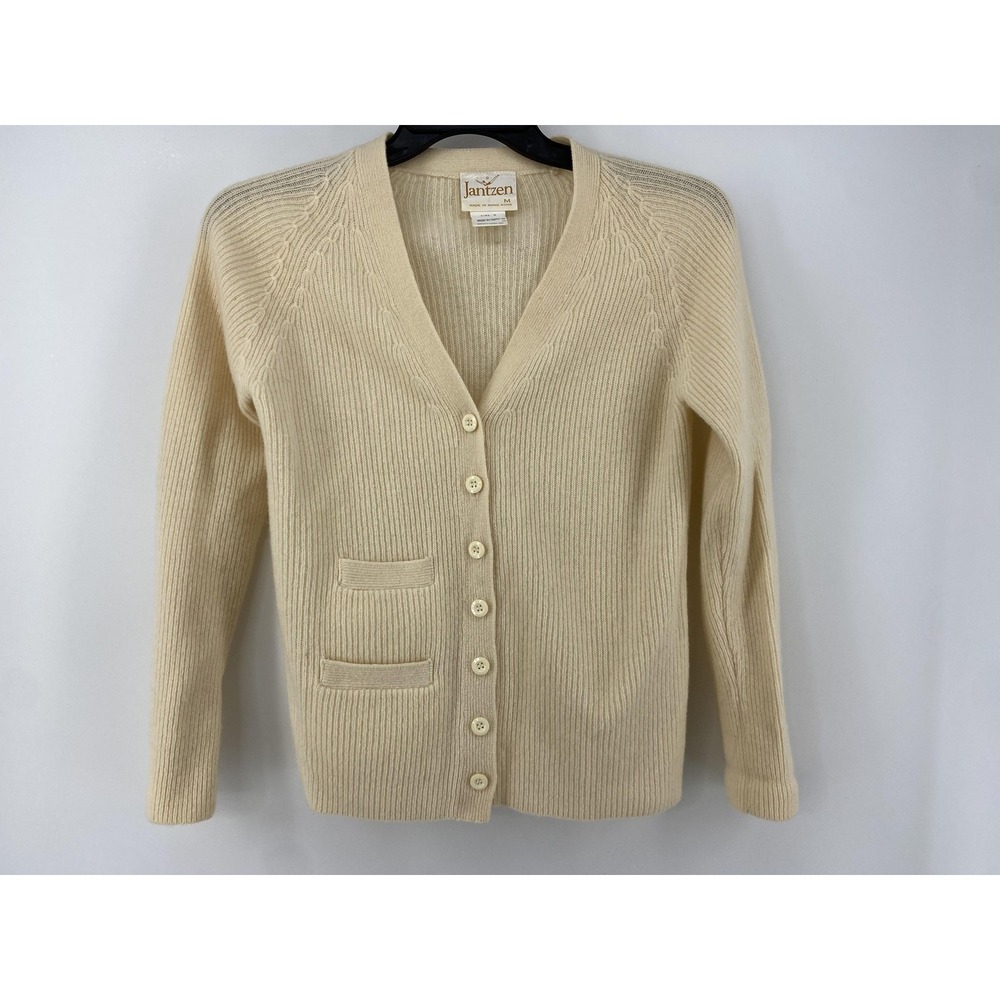 Vintage Jantzen Sweater Womens Medium Beige 100% Lambswool Cardigan Button Front